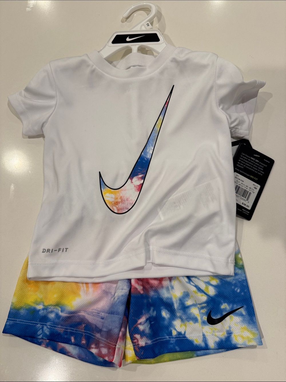 Nike Girl’s White Tee with Multicolor Tie-Dye Swoosh & Tie-Dye Shorts